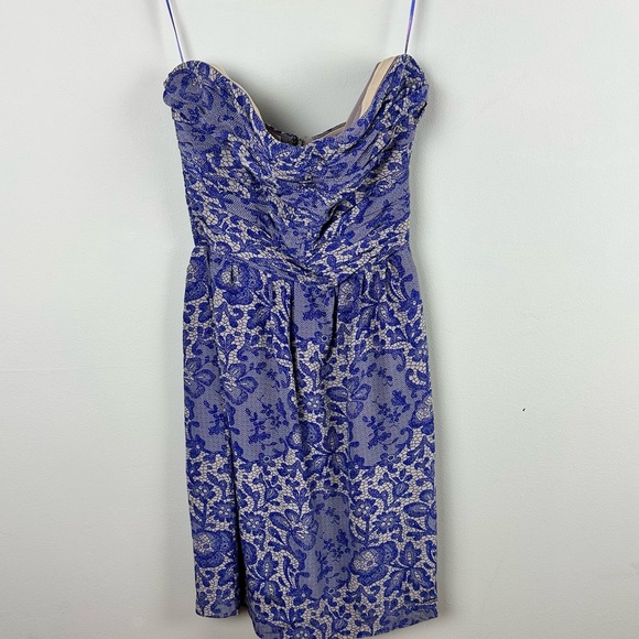 Rebecca Taylor Elegant Blue and Cream Lace Print Strapless Dress sz 4 Silk